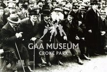 Load image into Gallery viewer, Black and white photograph of Arthur Griffith, Eamonn De Valera and Michael Collins at Croke Park