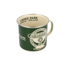 Load image into Gallery viewer, Enamel Croke Park Camping Mug with images of the Sam Maguire and Liam MacCarthy trophies
