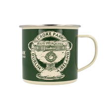 Load image into Gallery viewer, Enamel Croke Park Camping Mug with images of the Sam Maguire and Liam MacCarthy trophies
