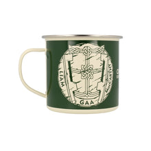 Load image into Gallery viewer, Enamel Croke Park Camping Mug with images of the Sam Maguire and Liam MacCarthy trophies
