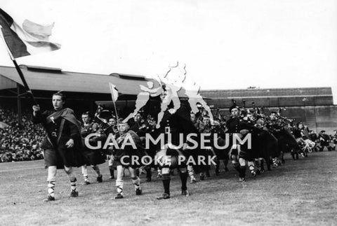 Pipe band marching in Croke Park before the 1943 All-Ireland Hurling Final