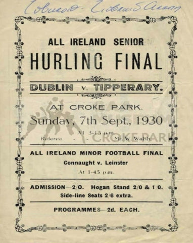 1930 All-Ireland Hurling Final Match Programme Cover