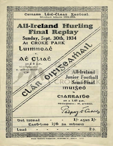 1934 All-Ireland Hurling Final Replay Match Programme Cover