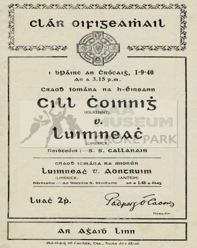 1940 All-Ireland Hurling Final Programme Cover