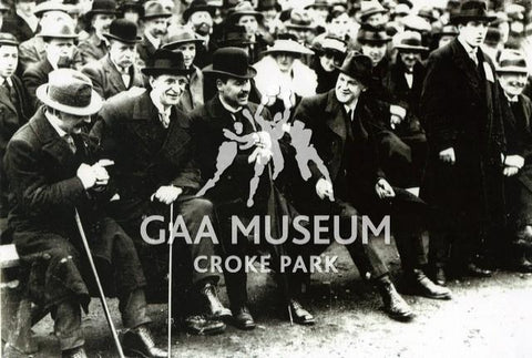 Black and white photograph of Arthur Griffith, Eamonn De Valera and Michael Collins at Croke Park