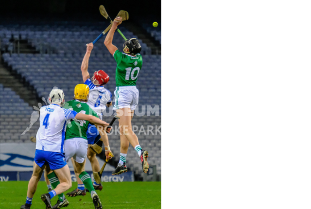 Gearoid Hegarty and Calum Lyons jump for the sliotar during the 2020 All-Ireland Senior Hurling Final