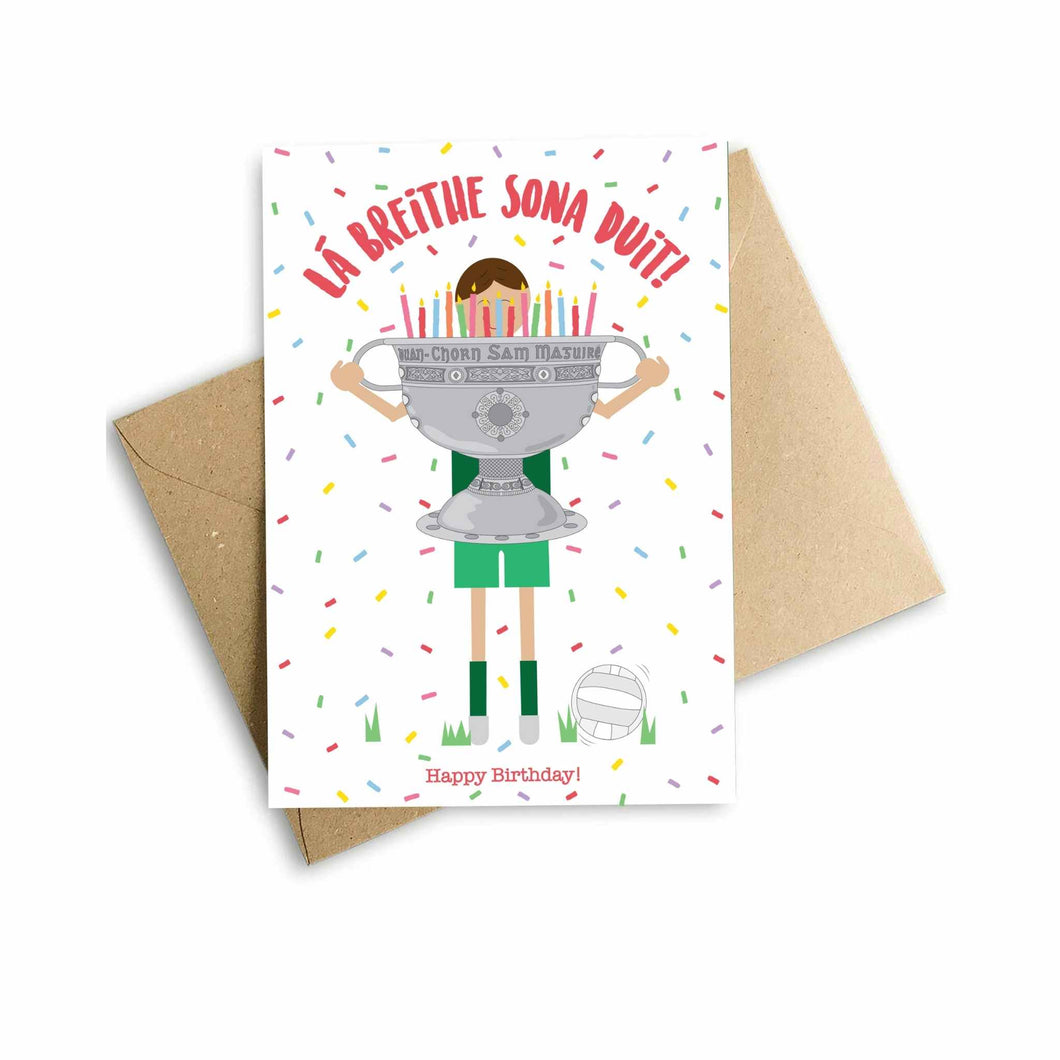 Child holding Sam Maguire Birthday Card