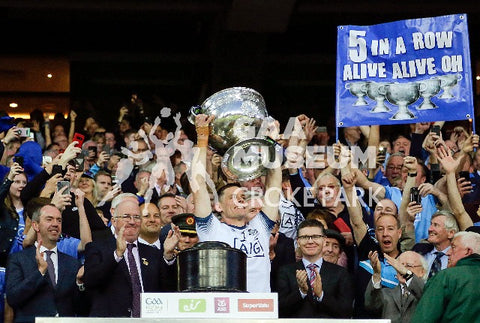 Stephen Cluxton lifts the Sam Maguire after Dublin defeat Kerry in the 2019 All-Ireland senior football final replay. This was Dublin's fifth All-Ireland senior football championship in a row. 